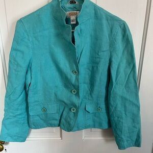 Talbots Turquoise Linen-Blend Cropped Button Jacket